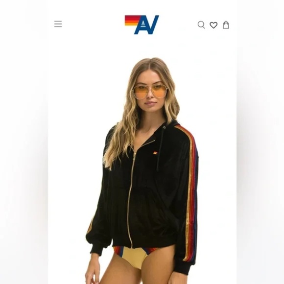 Aviator Nation Black Velvet Striped Zip Up Hoodie Size M - Picture 3 of 12